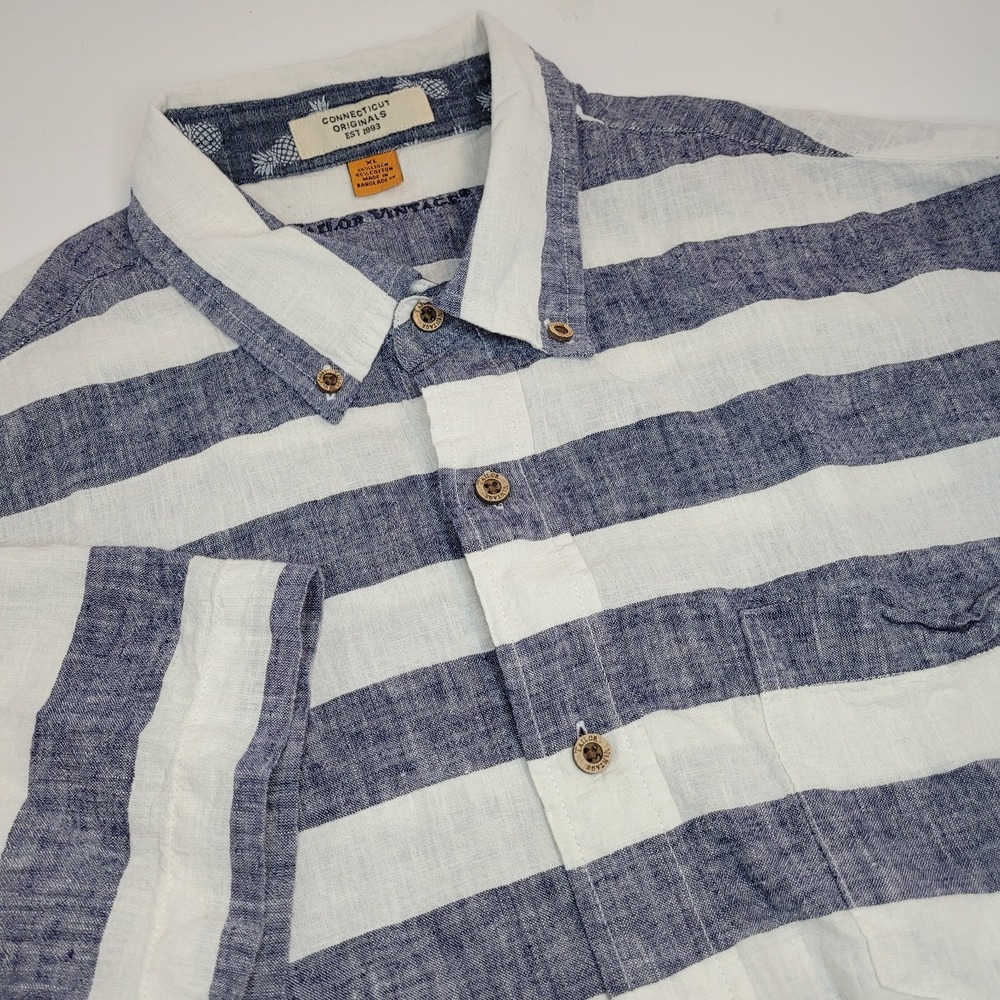 Taylor Vintage Blue White Striped Short Sleeve Linen Blend Button Down Shirt, XL